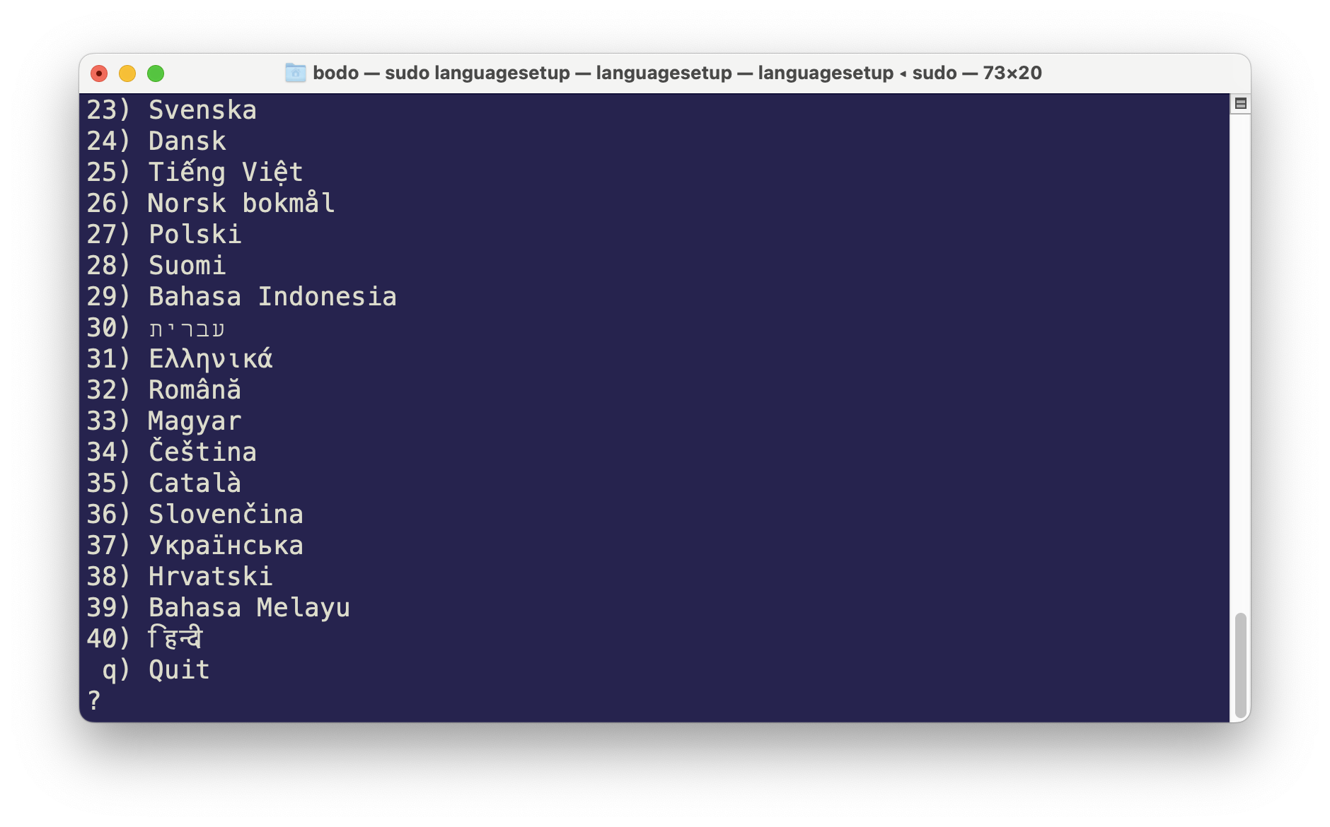 Language setup in the macOS terminal