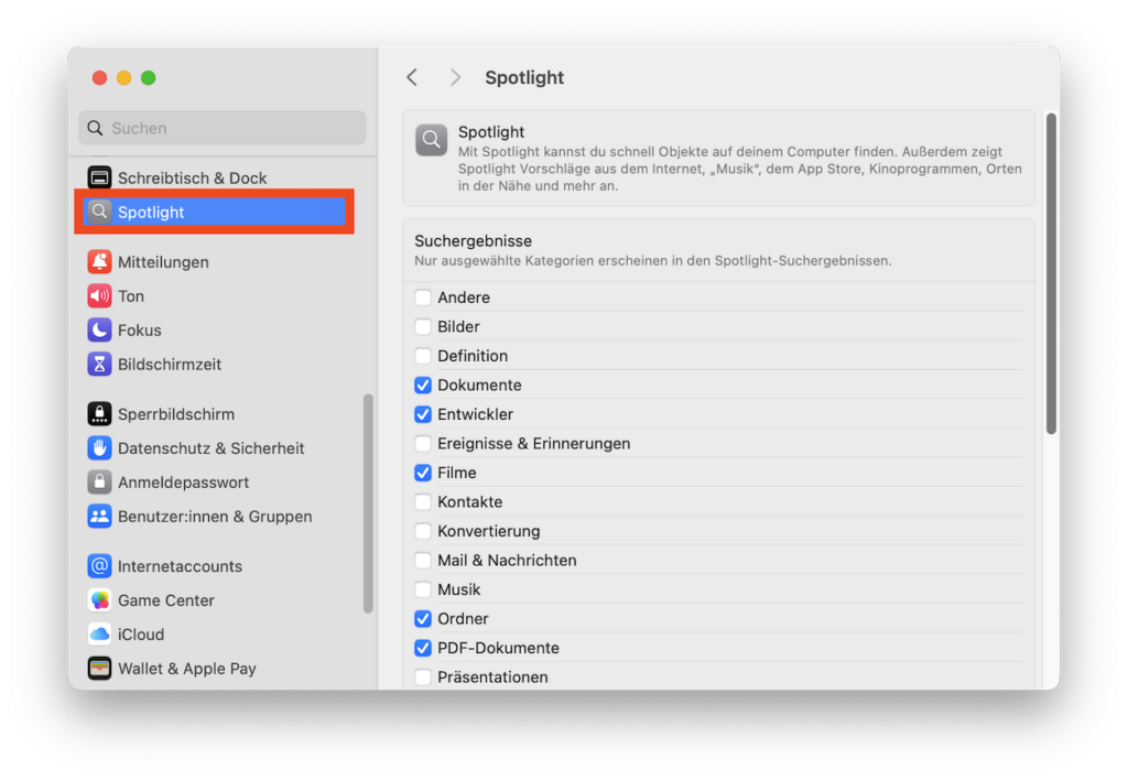 Spotlight-Konfiguration in den Systemeinstellungen von macOS