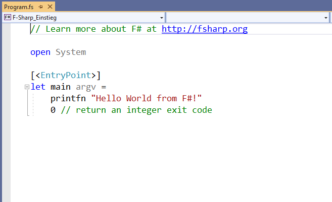 Code-Editor mit neuem F#-Projekt in Visual Studio 2019