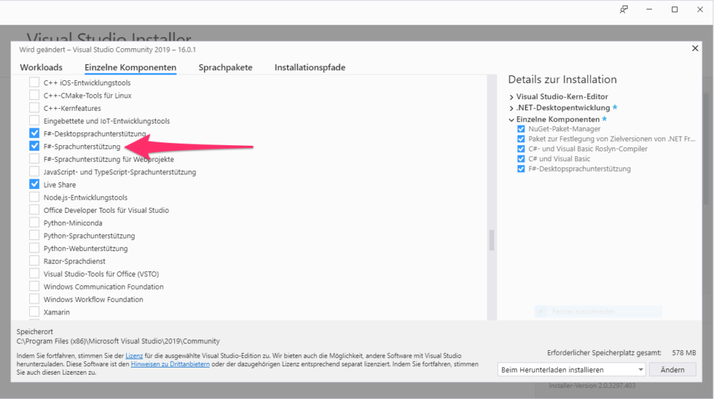 F#-Sprachunterstützung in Visual Studio 2019 aktivieren