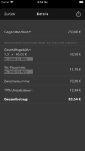 Detail-Ansicht des Anwaltkostenrechners