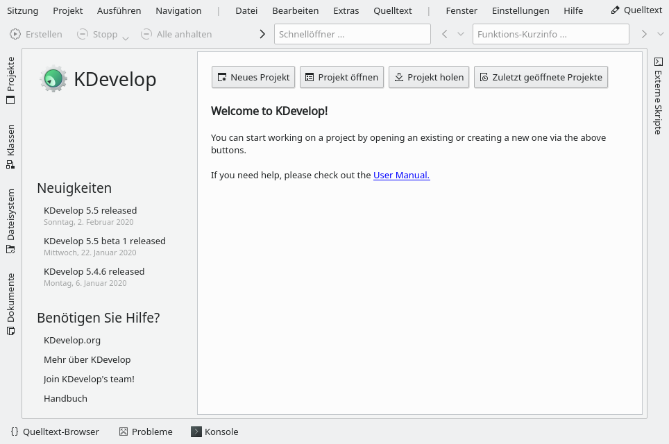 kDevelop Startfenster