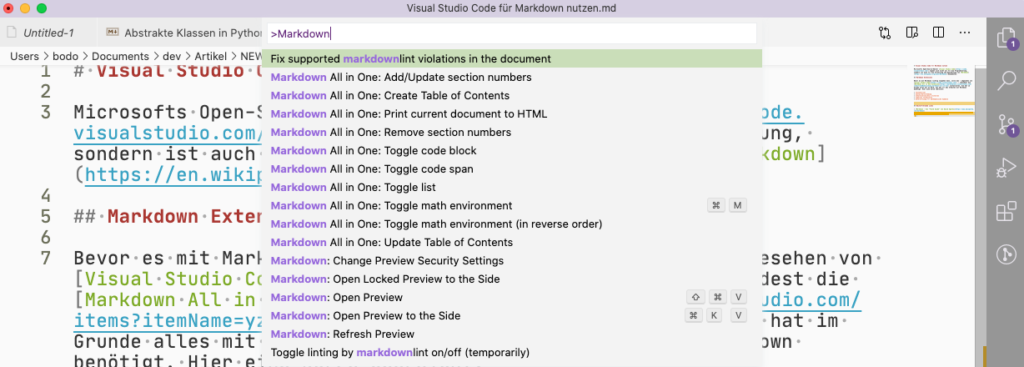 Markdown in der Command Palette aufrufen