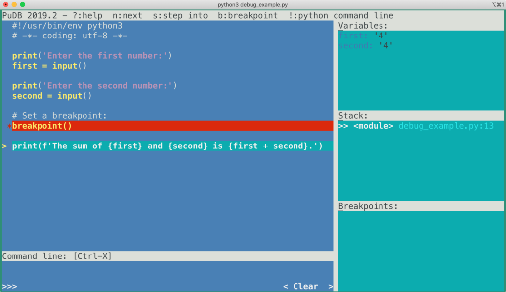 debugging with pudb in the terminal