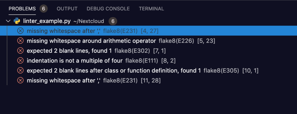 Problems-Fenster in VS Code