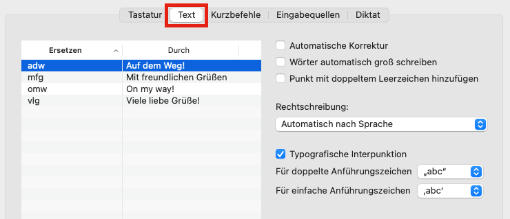 Text-Einstellungen unter macOS