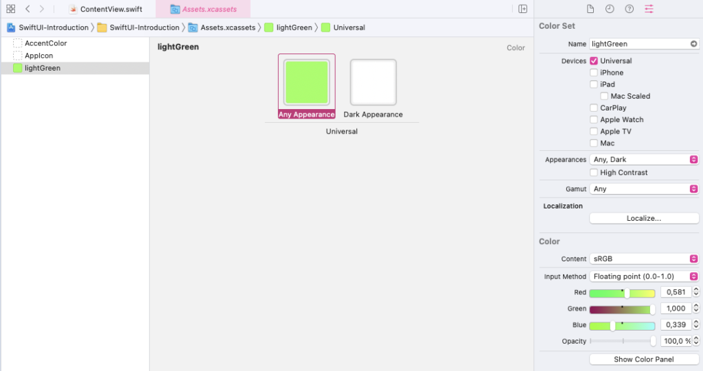 Create a new color in Xcode