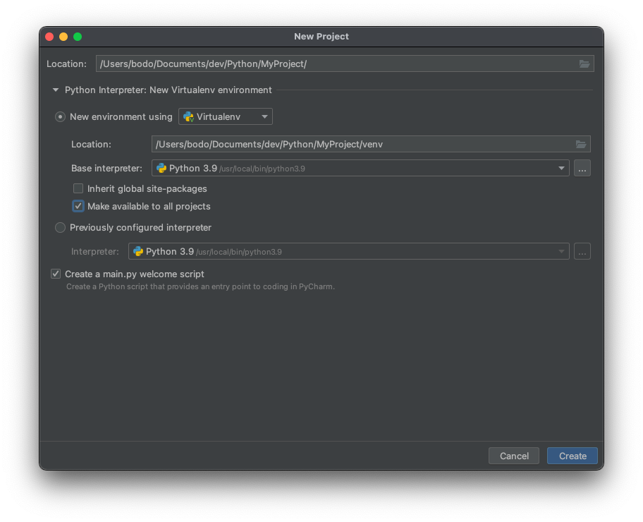 Create a new project in PyCharm