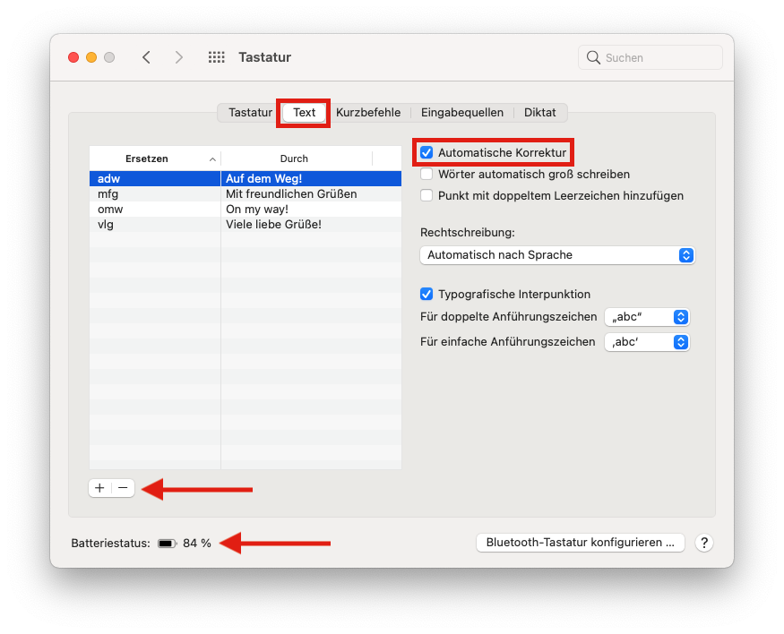 Text ersetzen und Autokorrektur in den macOS-Einstellungen