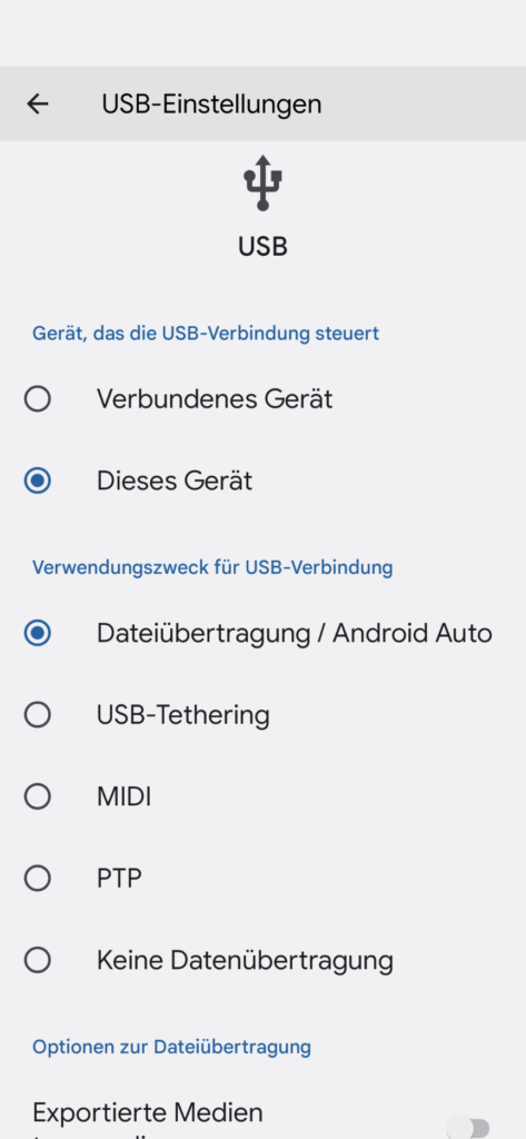 USB-Einstellungen in Android 12