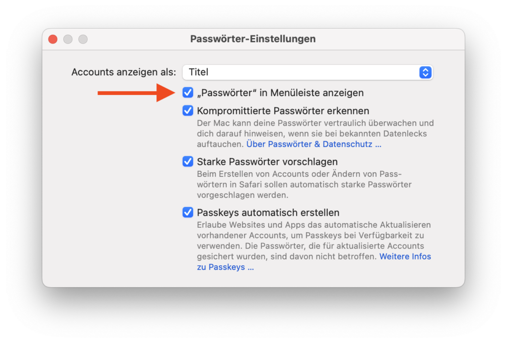 Passwörter-App zur macOS-Menüleiste hinzufügen