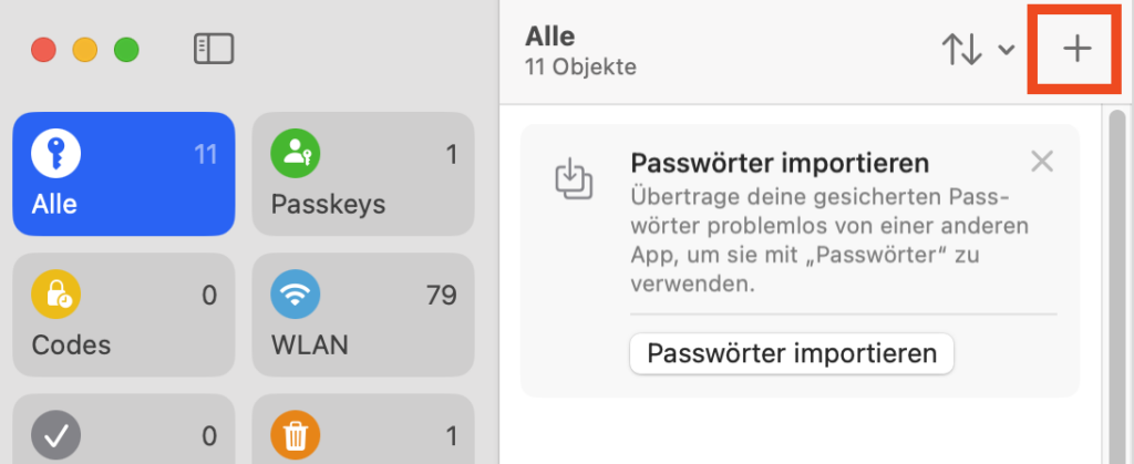 Button für das Hinzufügen neuer Logins in der Passwörter-App von macOS