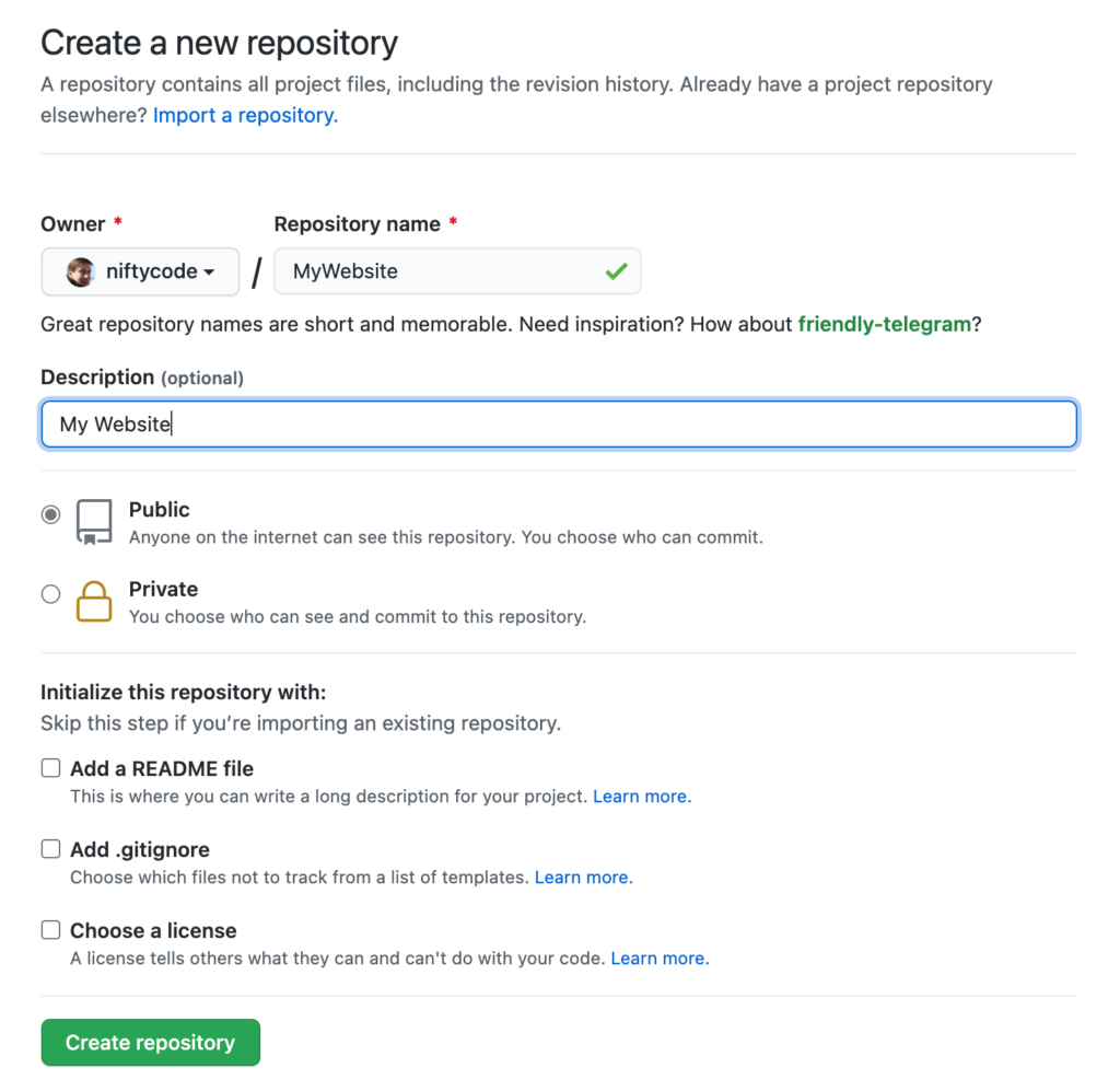 Create a new repository in Github
