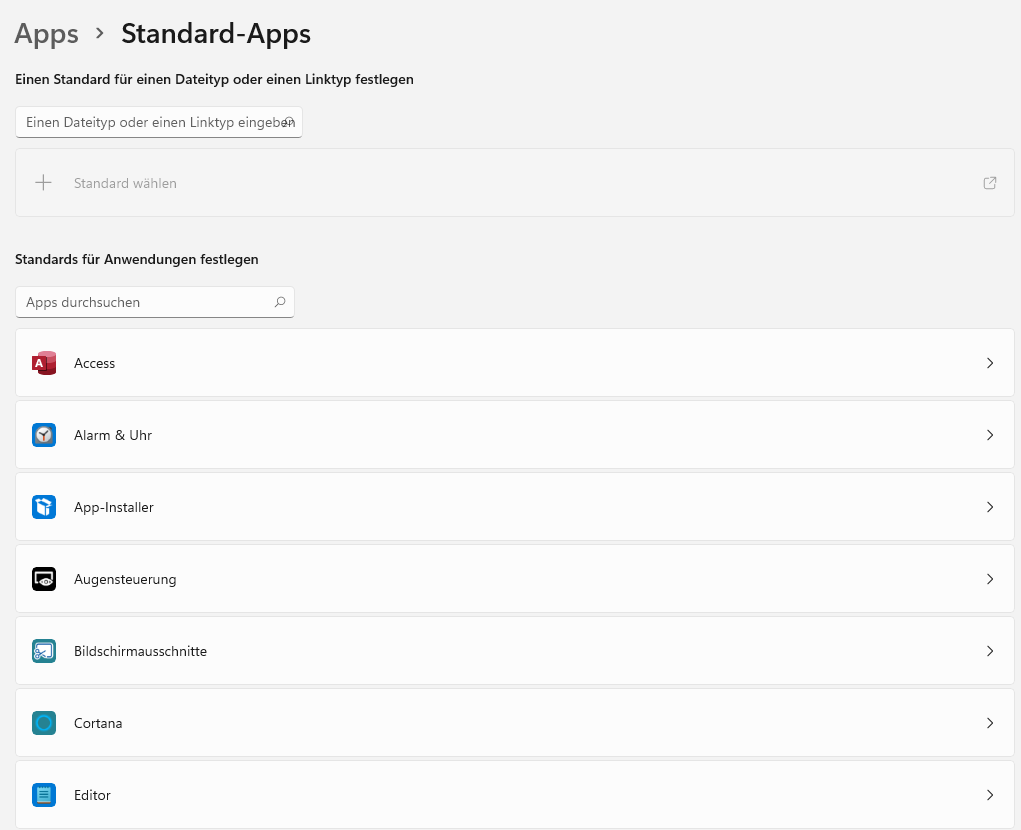 Liste mit Standard-Apps in Windows 11