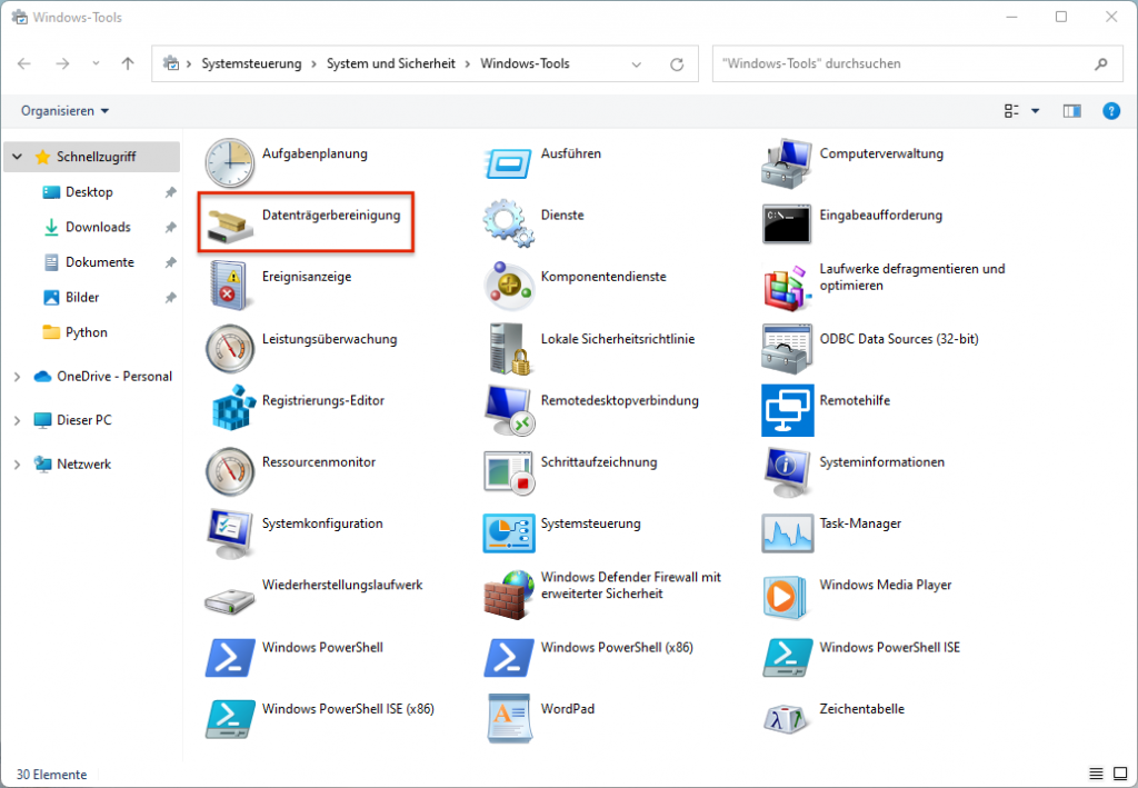Windows-Datenträgerbereinigung in den Windows-Tools aufrufen