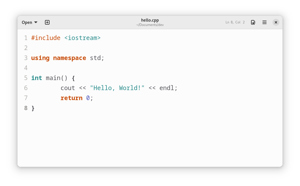 HelloWorld im Gnome Text Editor