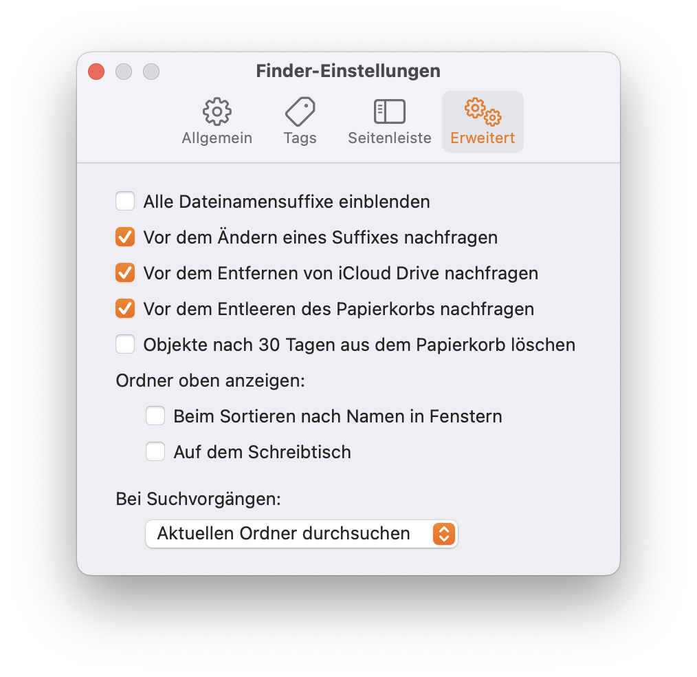 Erweiterte Finder-Einstellungen in macOS