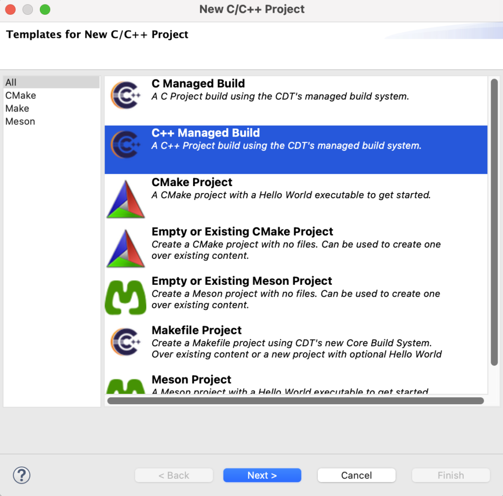 Select C++ template in Eclipse