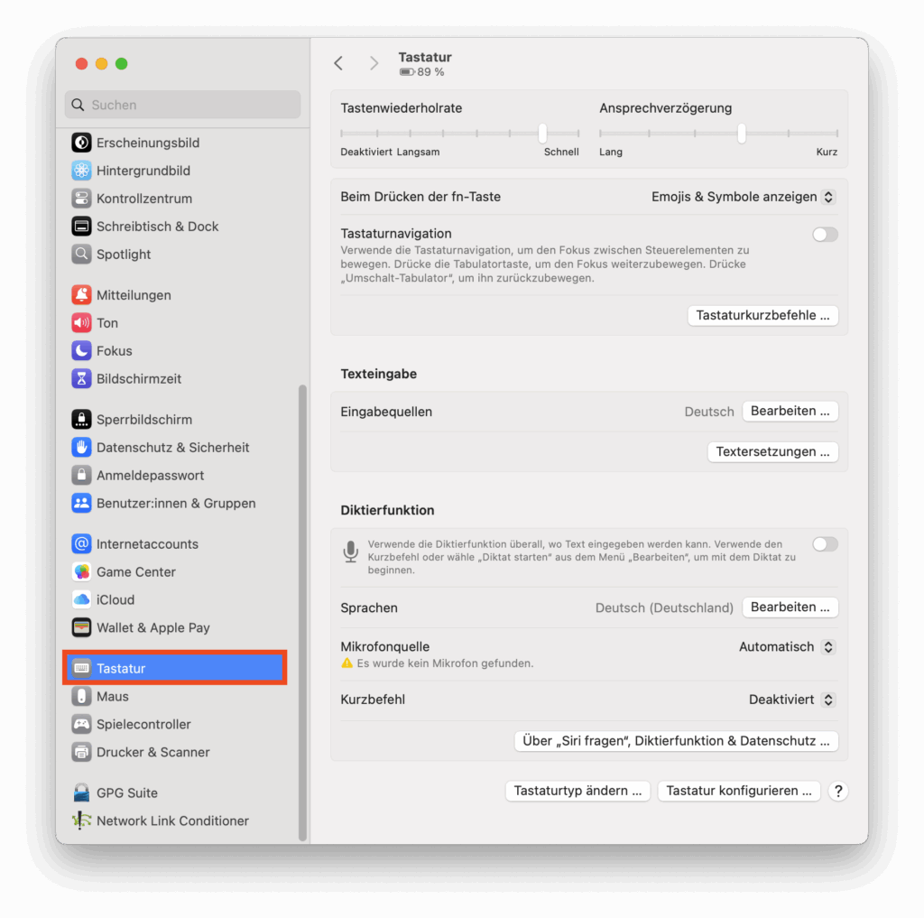 Tastatur-Konfiguration in den macOS-Systemeinstellungen