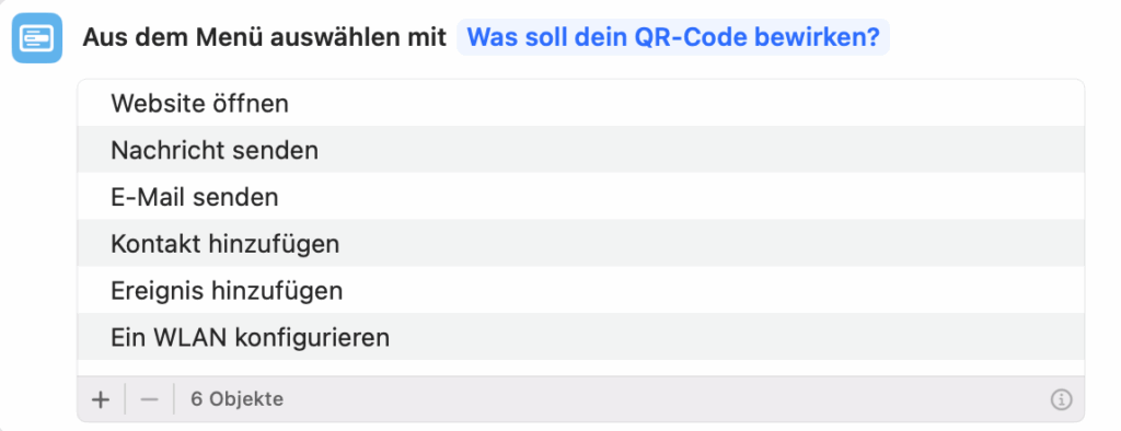 Menue des QR-Code-Kurzbefehls
