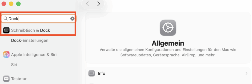 Dock in den Systemeinstellungen suchen