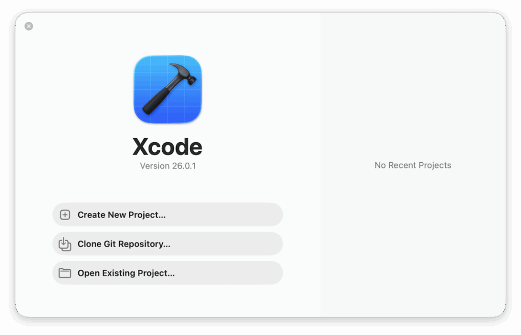 Startfenster von Xcode 26