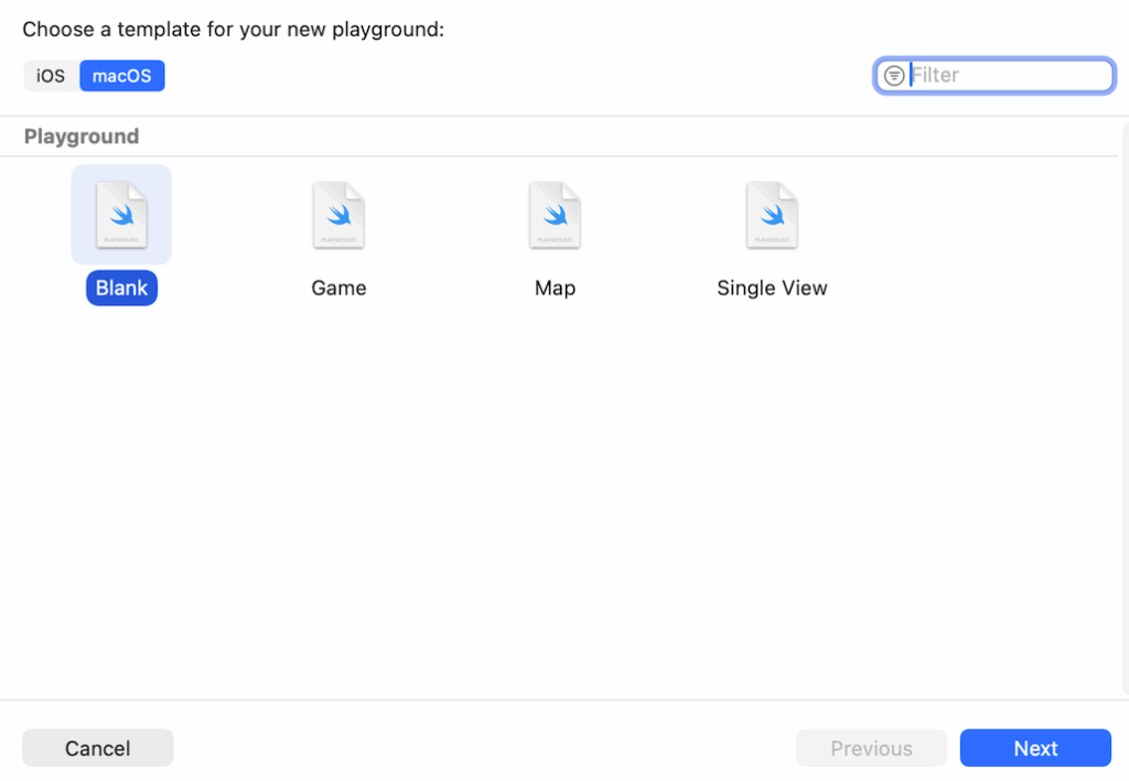 Playground-Vorlage in Xcode auswählen