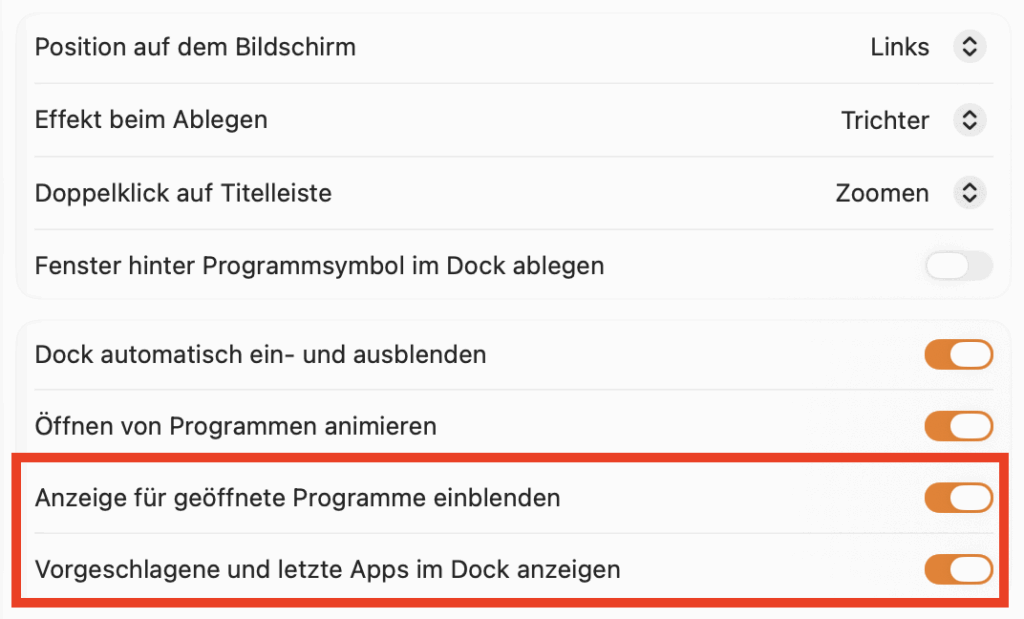 Konfiguration fuer Apps im macOS-Dock