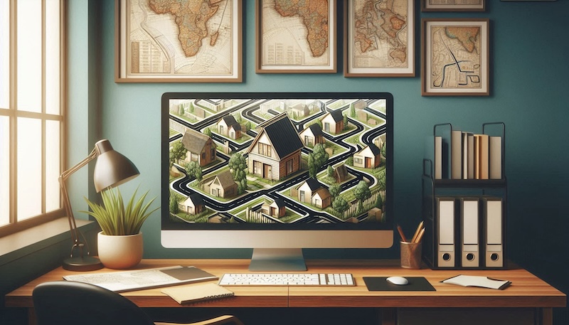 Monitor showing houses with streets