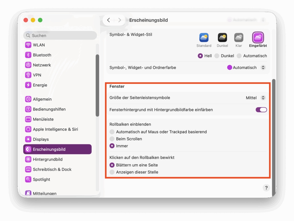 Fenster-Einstellungen in macOS 26