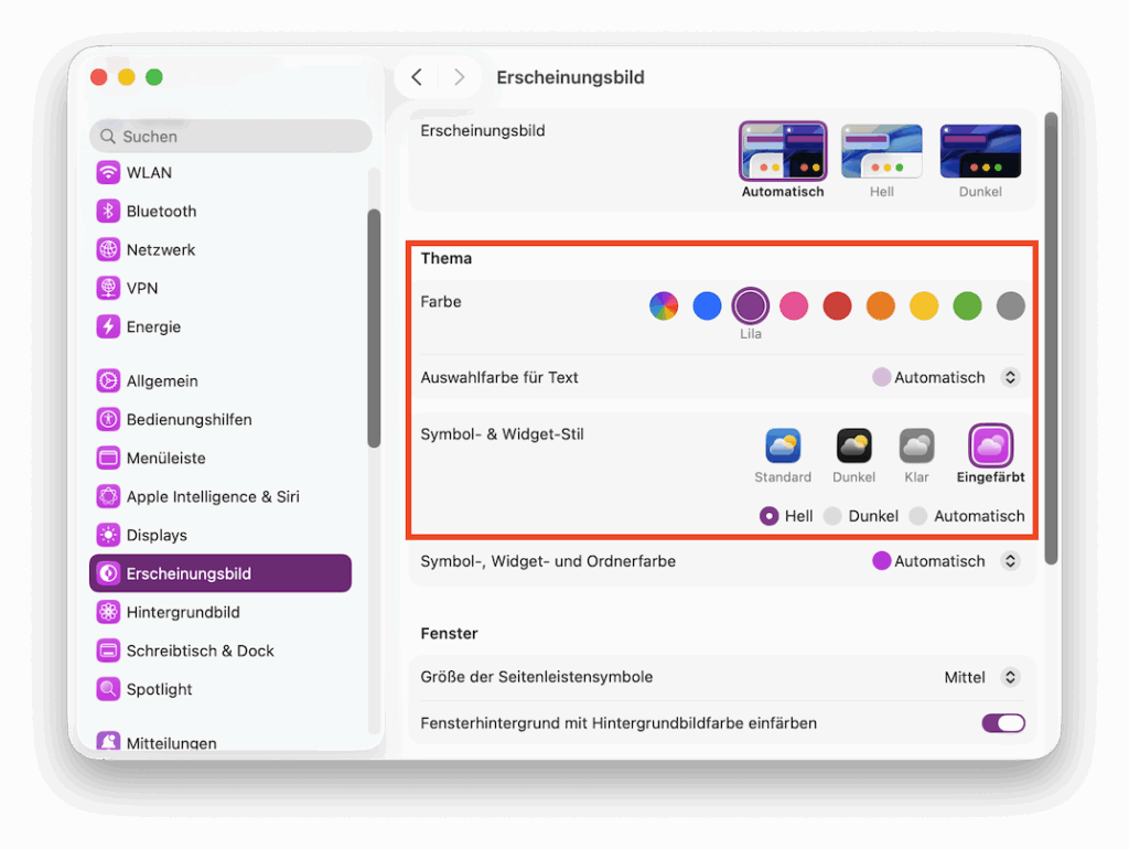 macOS mit dem Farbschema lila eingefaerbt