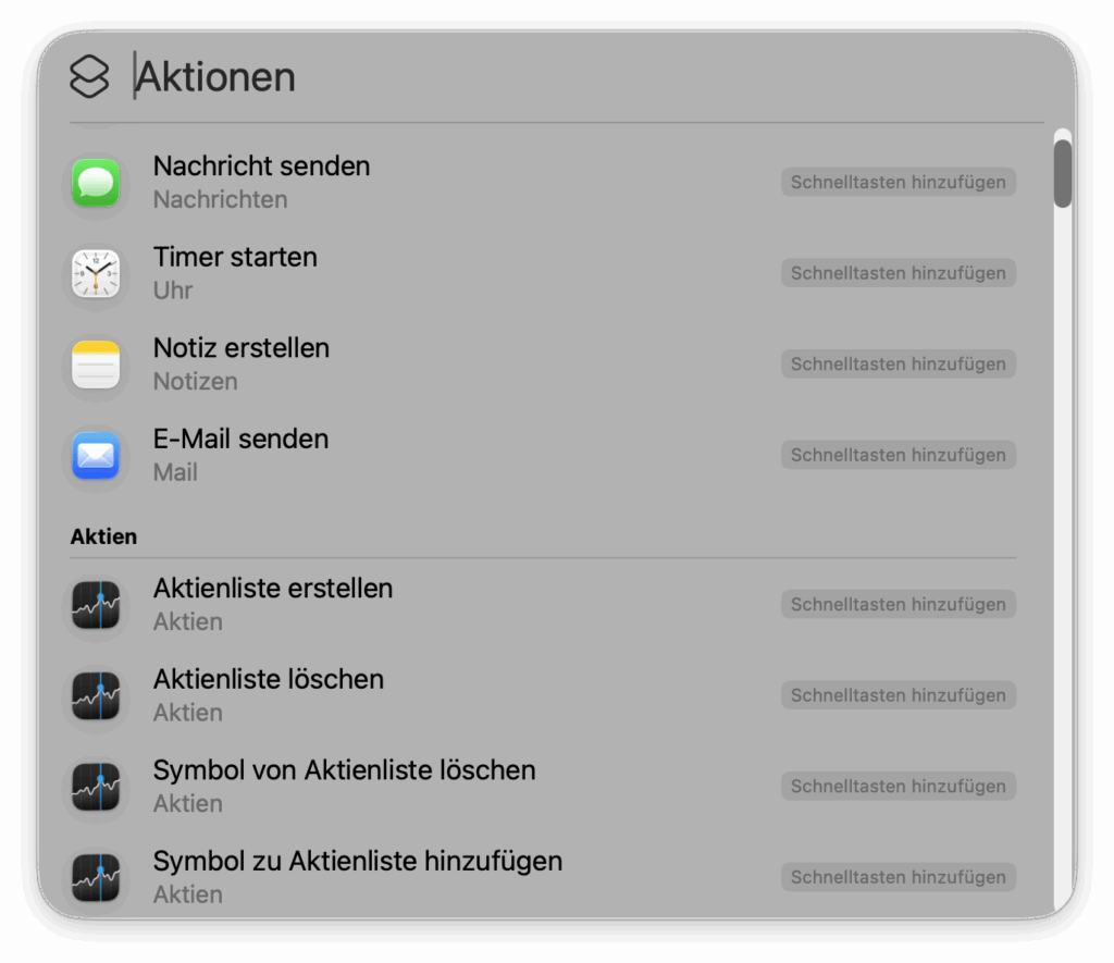 Aktionen in der Spotlight-Suche