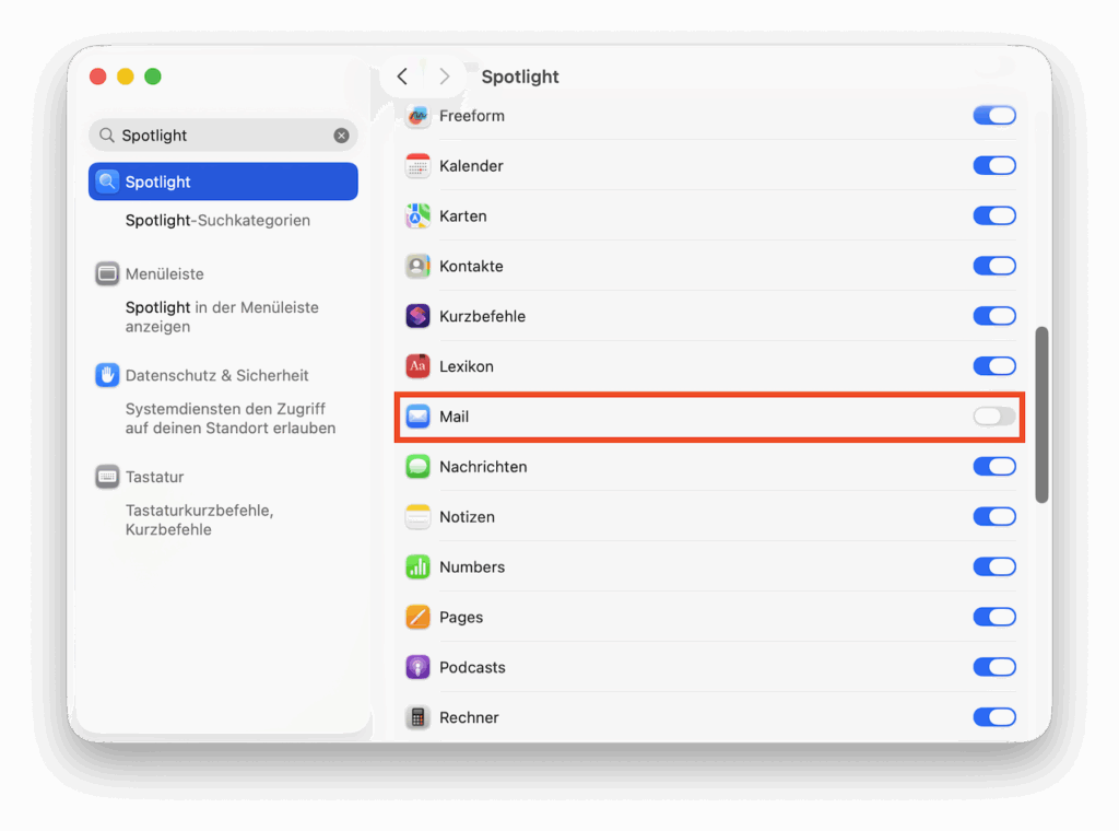 E-Mail-Suche in den Spotlight-Einstellungen deaktivieren
