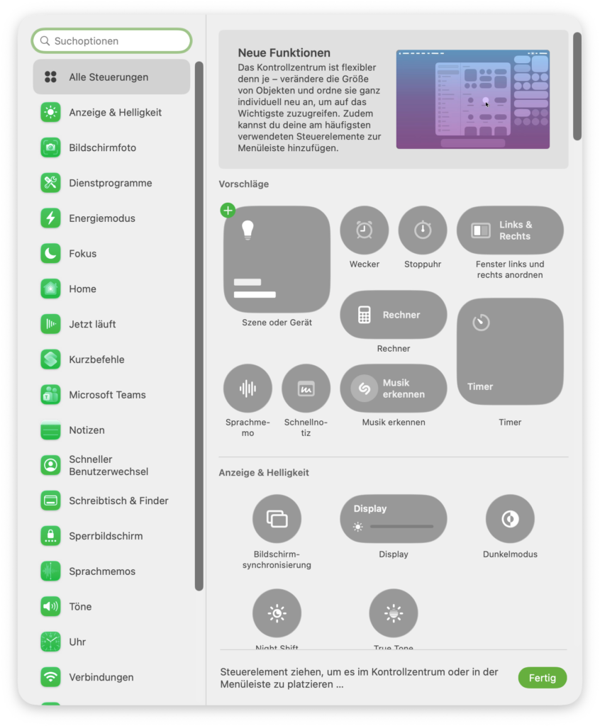 Steuerelemente zum Kontrollzentrum hinzufuegen