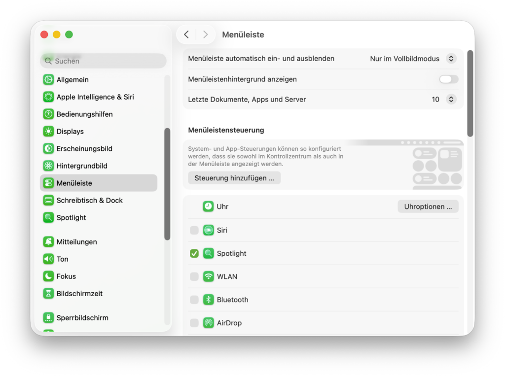 Menueleiste-Optionen in den Systemeinstellungen