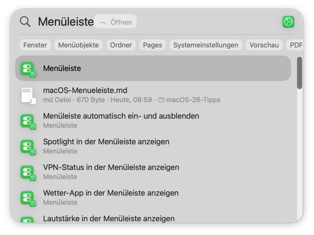 Menueleiste über Spotlight oeffnen