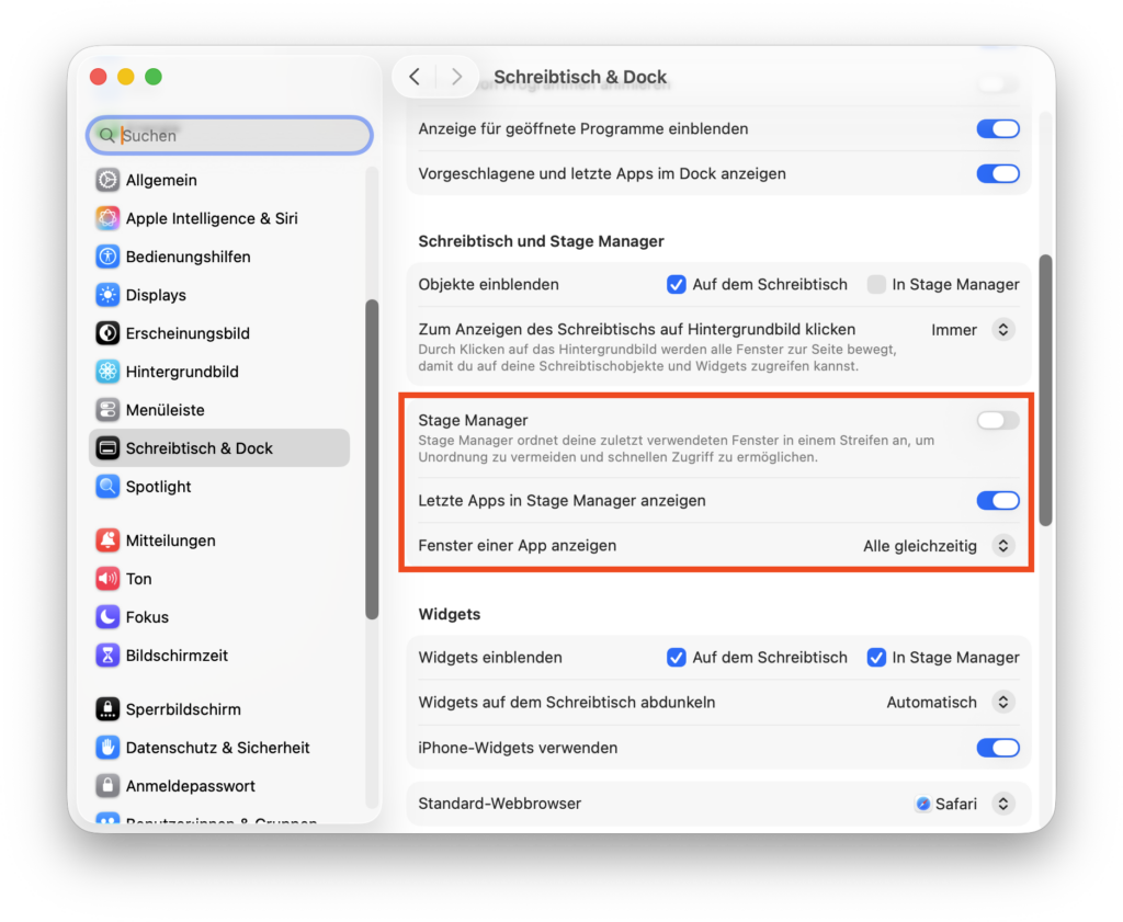 StageManager-Einstellungen in macOS
