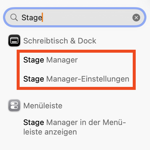 Suche nach dem Stage Manager in macOS