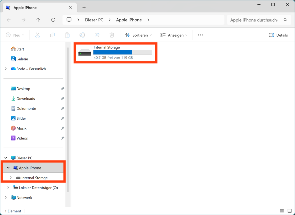 Apple iPhone im Windows Datei-Explorer