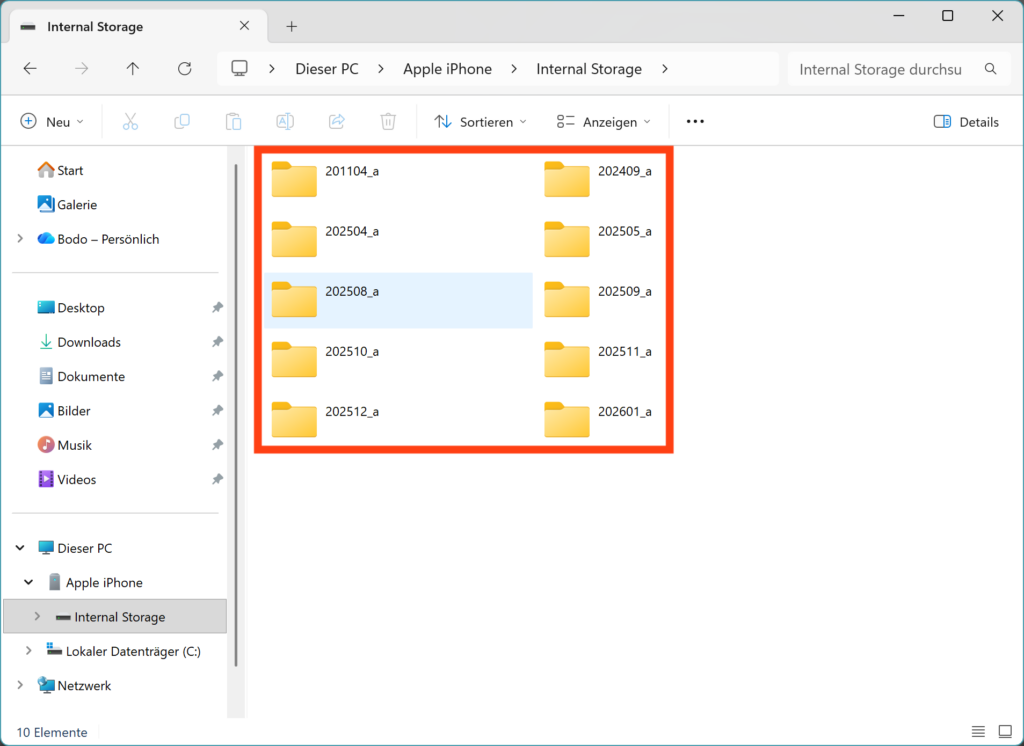 Verzeichnisse des iPhone-Speichers im Windows Datei-Explorer