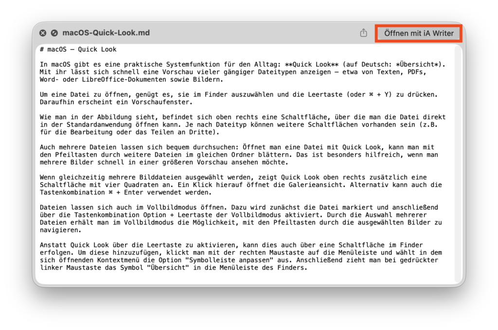 Mit Quick-Look geöffnete Markdown-Datei